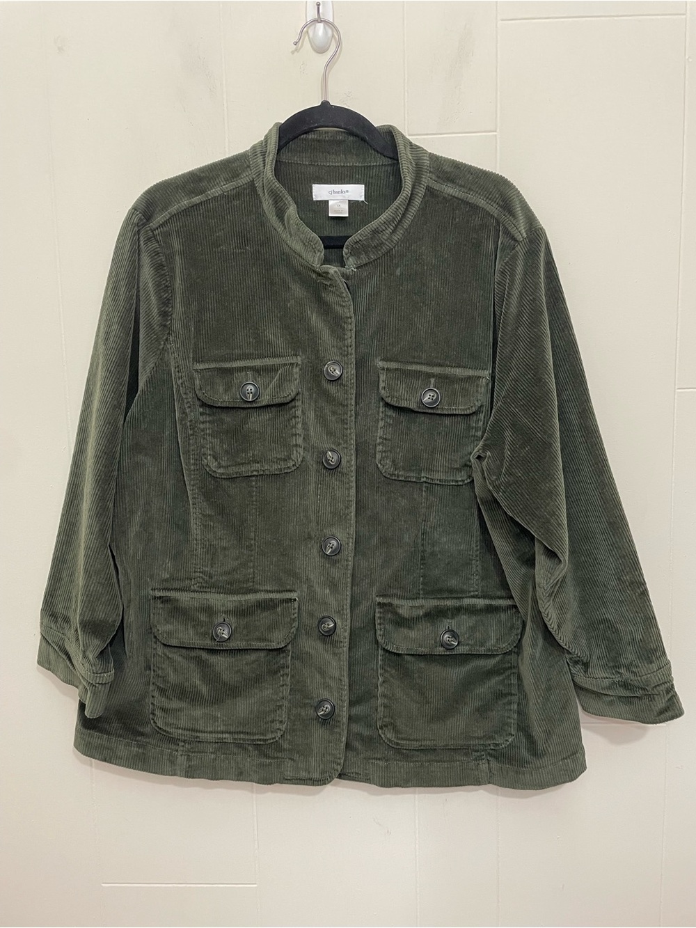 CJ Banks Corduroy Utility Jacket Size 1X Olive Green Button Pockets Fisherman